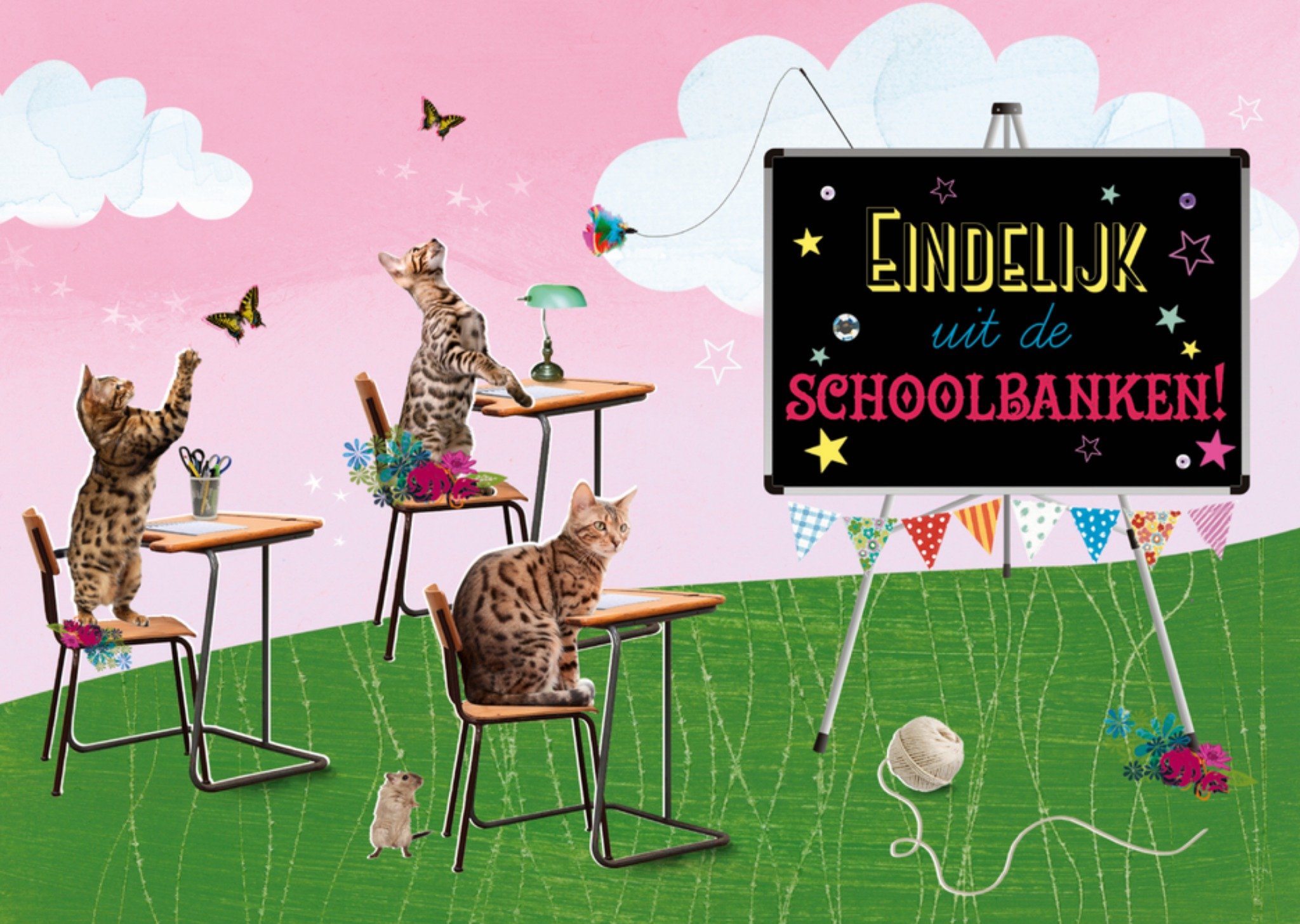 Geslaagd kaart katten schoolbanken Kaart Paperclip