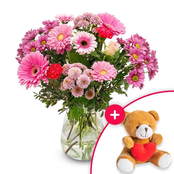 Boeket Zacht roze | Beer met hart 