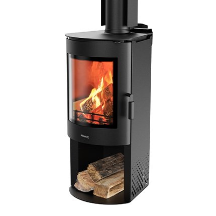Freestanding radiant wood fire with wood stacker