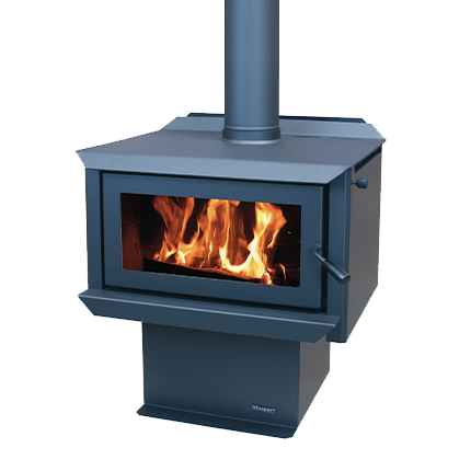 Freestanding radiant wood fire with pedestal