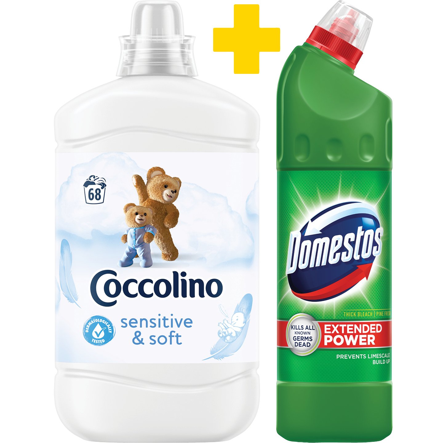 Coccolino Sensitive öblítő + Domestos Fertőtlenítőszer Pine