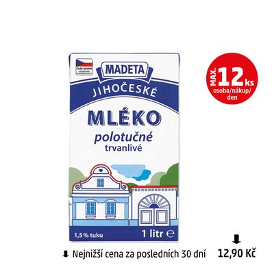 obrázek Mléko jihočeské polotučné 1,5% Madeta