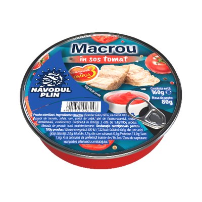 Imaginea NAVODUL PLIN MACROU IN SOS TOMAT GREUTATE MASA NETA SCURSA 80GR