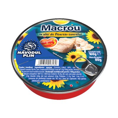 Imaginea NAVODUL PLIN MACROU IN ULEI DE FLOAREA SOARELUI GREUTATE MASA NETA SCURSA 80GR