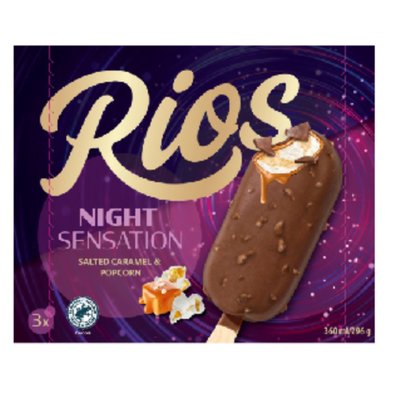Imaginea RIOS NIGHT SENSATION INGHETATA PE BAT CARAMEL SARAT&POPCORN 4X74G