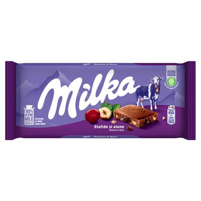 Imaginea MILKA CIOCOLATA LAPTE CU STAFIDE  SI ALUNE MARUNTITE