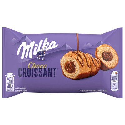 Imaginea MILKA CHOCO CROISSANT CU CREMA CU CIOCOLATA LAPTE  PARTIAL ACOPERIT /  DECORAT CIOCOLATA CU LAPTE