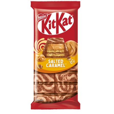 Imaginea KIT KAT CIOCOLATA CU LAPTE CU AROMA CARAMEL SARAT  GLAZURA ALBA SI NAPOLITANA CROCANTA CREMA CARAMEL