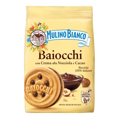 Imaginea MULINO BIANCO BAIOCCHI NOCCIOLA BISCUITI  UMPLUTI CU CREMA DE ALUNE SI CACAO