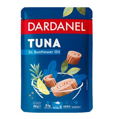 Imaginea DARDANEL SALATA PLIC TON IN ULEI DE FLOAREA SOARELUI 80G GREUTATE MASA SCURSA NETA 72GR
