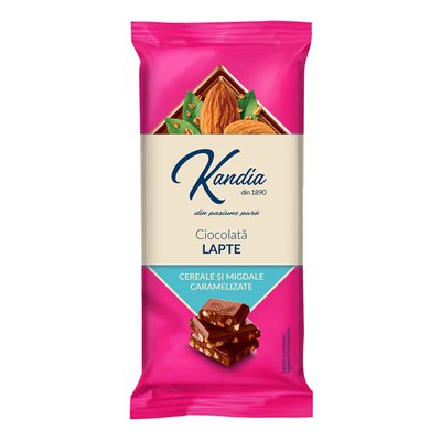 Imaginea KANDIA CIOCOLATA CU LAPTE CU  CEREALE  CARAMELIZATE EXTRUDATE SI MIGDALE CARAMELIZATE