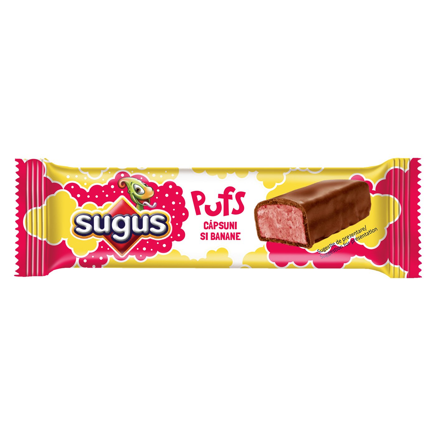 Sugus Pufs Baton De Ciocolata Cu Lapte Umplut Cu Spuma Cu Aroma De Capsune Si Banane
