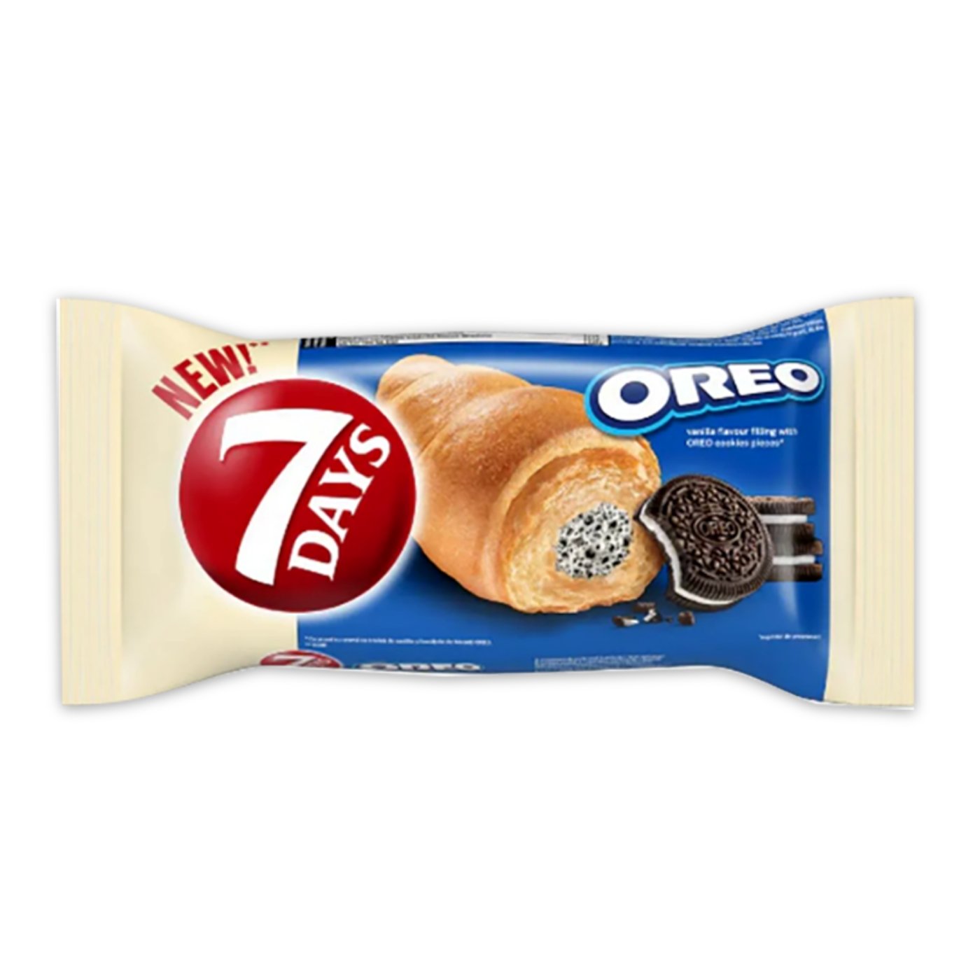 7 Days Oreo Croissant Cu Crema Cu Aroma De Vanilie Si Bucatele De Biscuti Cu Cacao