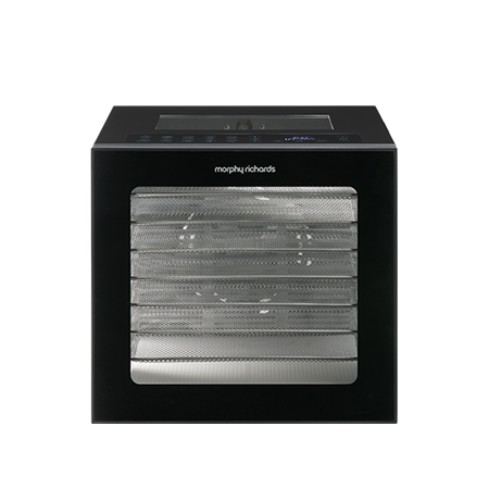 Transparent windows on door, top and side panels | Digital touch control with 10 preset cooking programs | Sturdy metal housing | Stainless steel food-grade drying trays | Black