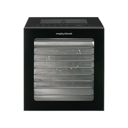 Transparent windows on door, top and side panels | Digital touch control with 10 preset cooking programs | Sturdy metal housing | Stainless steel food-grade drying trays | Black
