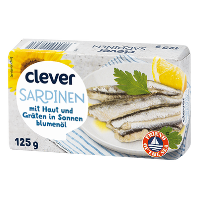 Sardinen mit Haut & Gräten, in Sonnenblumenöl, 125g Produktbild