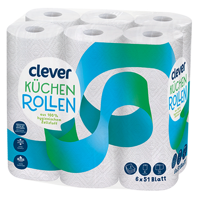 Küchenrollen aus 100 % hygienischem Zellstoff, 6 x 51 Blatt Produktbild