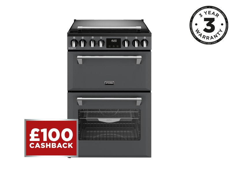 60cm Electric range cooker with a 4 zone induction hob, conventional oven & grill, and multifunction main oven with TrueTemp, AirFry & SteamCleanse