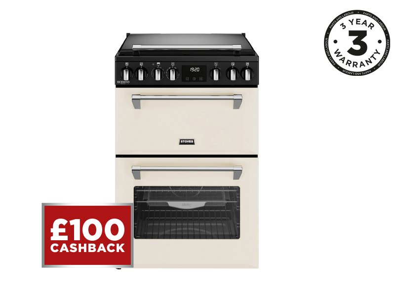 60cm Electric range cooker with a 4 zone induction hob, conventional oven & grill, and multifunction main oven with TrueTemp, AirFry & SteamCleanse