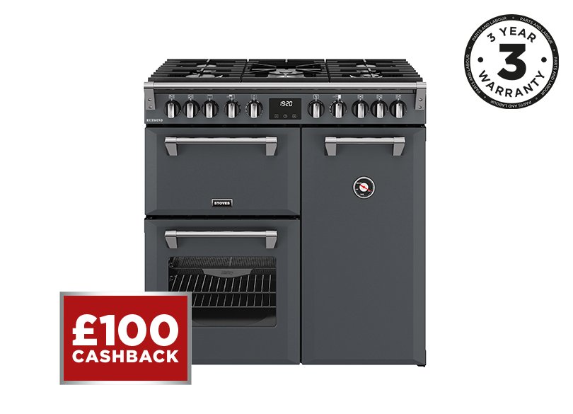 90cm Dual fuel range cooker with a 5 burner gas hob, conventional oven & grill, multifunction main oven with TrueTemp, AirFry & SteamCleanse, and a large capacity tall fanned oven