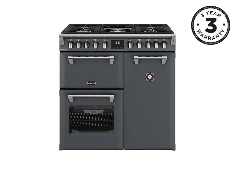 90cm Dual fuel range cooker with a 5 burner gas hob, conventional oven & grill, multifunction main oven with TrueTemp, AirFry & SteamCleanse, and a large capacity tall fanned oven