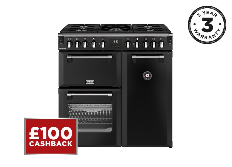 90cm Dual fuel range cooker with a 5 burner gas hob, conventional oven & grill, multifunction main oven with TrueTemp, AirFry & SteamCleanse, and a large capacity tall fanned oven