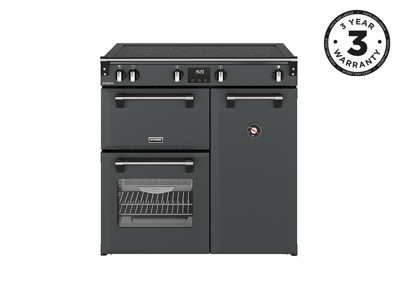90cm Electric range cooker with a 5 zone touch control induction hob, conventional oven & grill, multifunction main oven with TrueTemp, AirFry & SteamCleanse, and a large capacity tall fanned oven