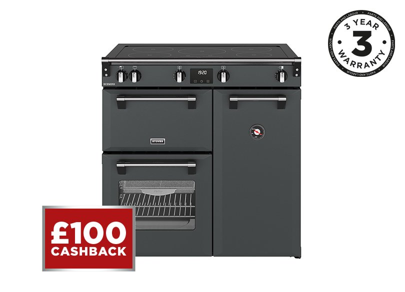 90cm Electric range cooker with a 5 zone touch control induction hob, conventional oven & grill, multifunction main oven with TrueTemp, AirFry & SteamCleanse, and a large capacity tall fanned oven