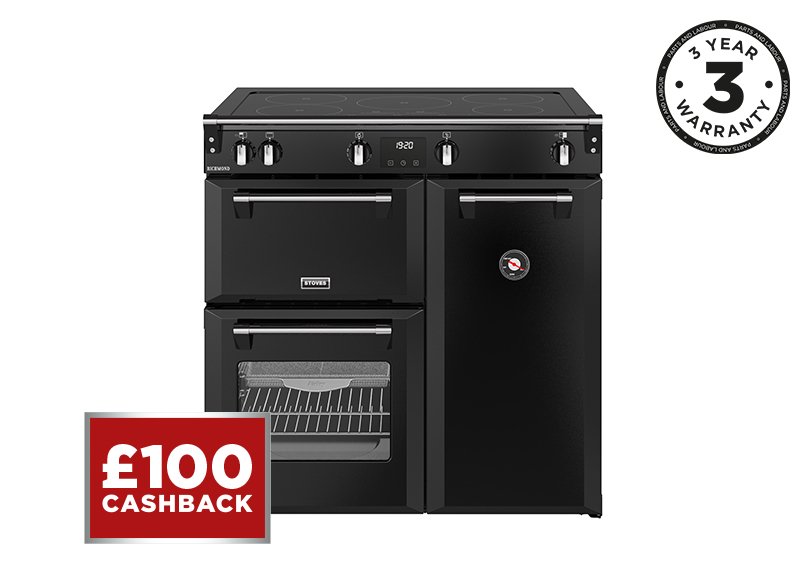 90cm Electric range cooker with a 5 zone touch control induction hob, conventional oven & grill, multifunction main oven with TrueTemp, AirFry & SteamCleanse, and a large capacity tall fanned oven