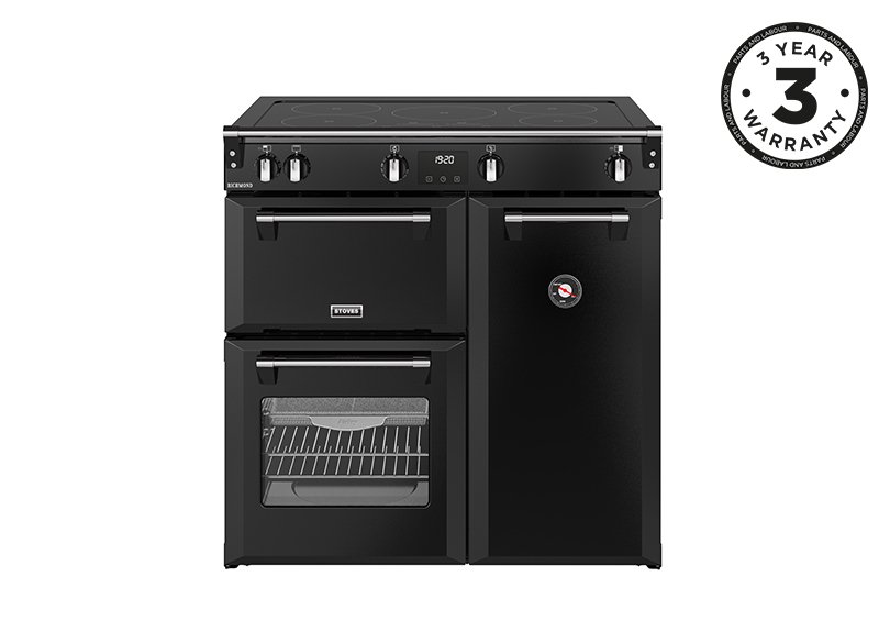 90cm Electric range cooker with a 5 zone touch control induction hob, conventional oven & grill, multifunction main oven with TrueTemp, AirFry & SteamCleanse, and a large capacity tall fanned oven