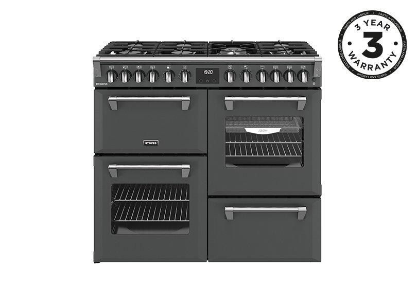 100cm Dual fuel range cooker with a 7 burner gas hob, conventional oven & grill, multifunction main oven with TrueTemp, AirFry & SteamCleanse, fanned second oven and dedicated slow cook oven