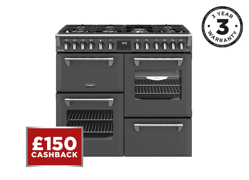 100cm Dual fuel range cooker with a 7 burner gas hob, conventional oven & grill, multifunction main oven with TrueTemp, AirFry & SteamCleanse, fanned second oven and dedicated slow cook oven