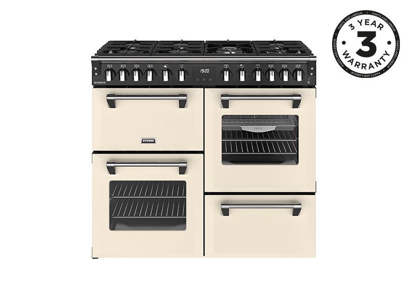 100cm Dual fuel range cooker with a 7 burner gas hob, conventional oven & grill, multifunction main oven with TrueTemp, AirFry & SteamCleanse, fanned second oven and dedicated slow cook oven