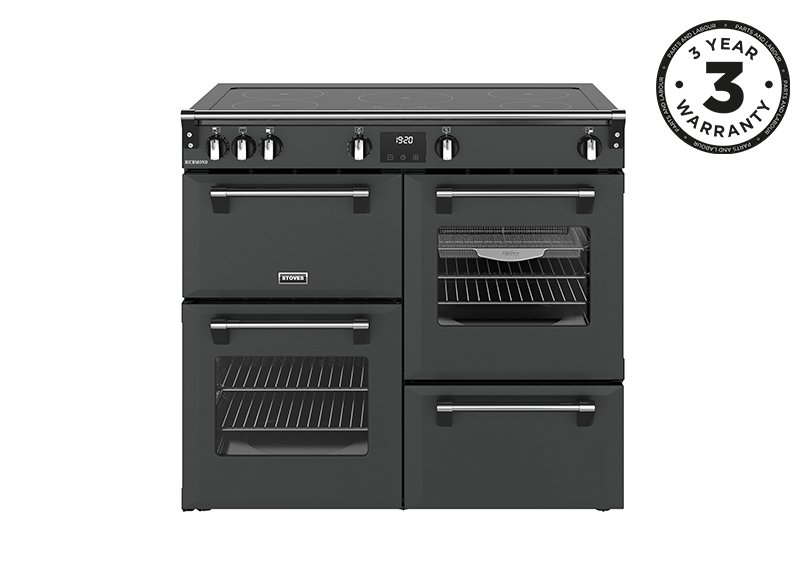 100cm Electric range cooker with a 5 zone touch control induction hob, conventional oven & grill, multifunction main oven withTrueTemp, AirFry & SteamCleanse, fanned second oven and dedicated slow cook oven