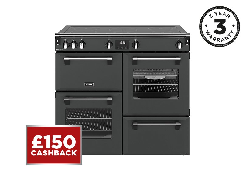 100cm Electric range cooker with a 5 zone touch control induction hob, conventional oven & grill, multifunction main oven withTrueTemp, AirFry & SteamCleanse, fanned second oven and dedicated slow cook oven