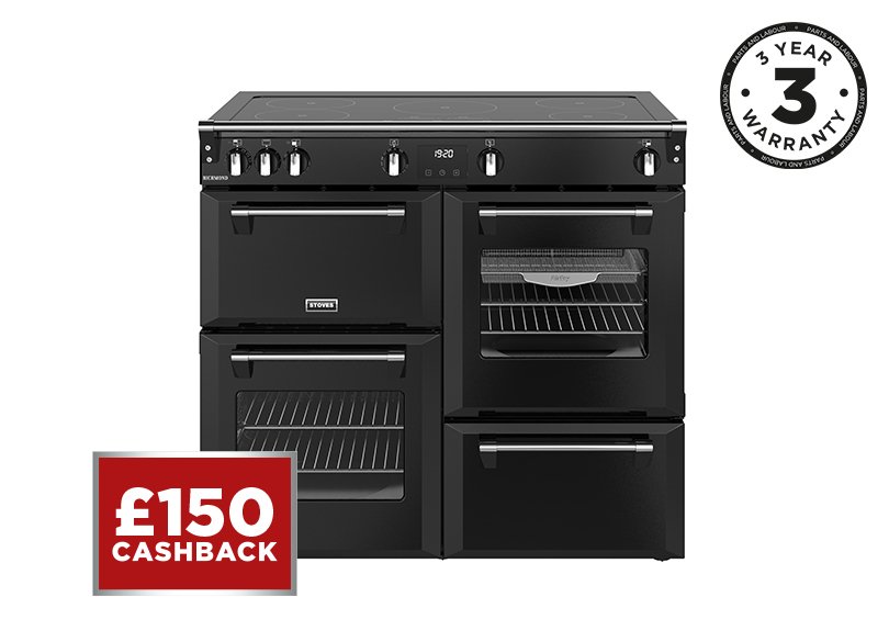 100cm Electric range cooker with a 5 zone touch control induction hob, conventional oven & grill, multifunction main oven withTrueTemp, AirFry & SteamCleanse, fanned second oven and dedicated slow cook oven