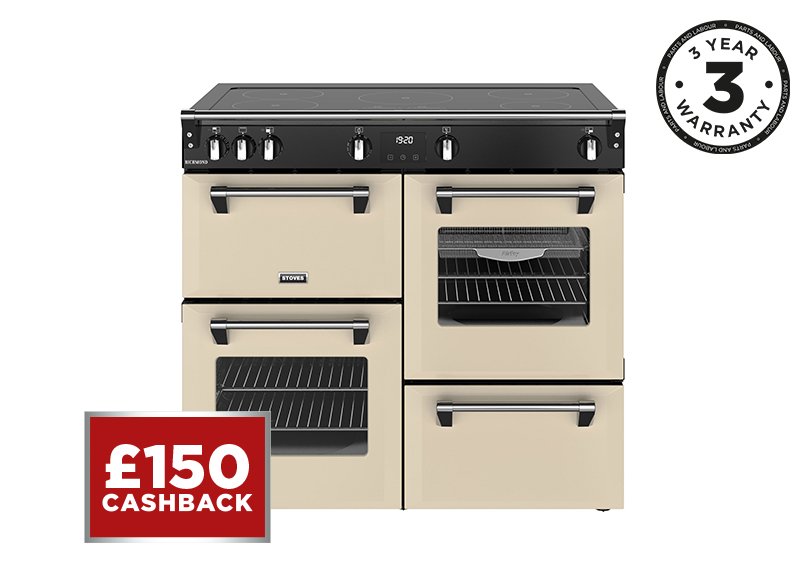100cm Electric range cooker with a 5 zone touch control induction hob, conventional oven & grill, multifunction main oven withTrueTemp, AirFry & SteamCleanse, fanned second oven and dedicated slow cook oven