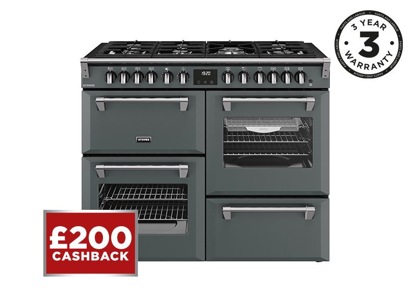 110cm Dual fuel range cooker with a 7 burner gas hob, conventional oven & grill, multifunction main oven with TrueTemp, AirFry & SteamCleanse, fanned second oven and dedicated slow cook oven