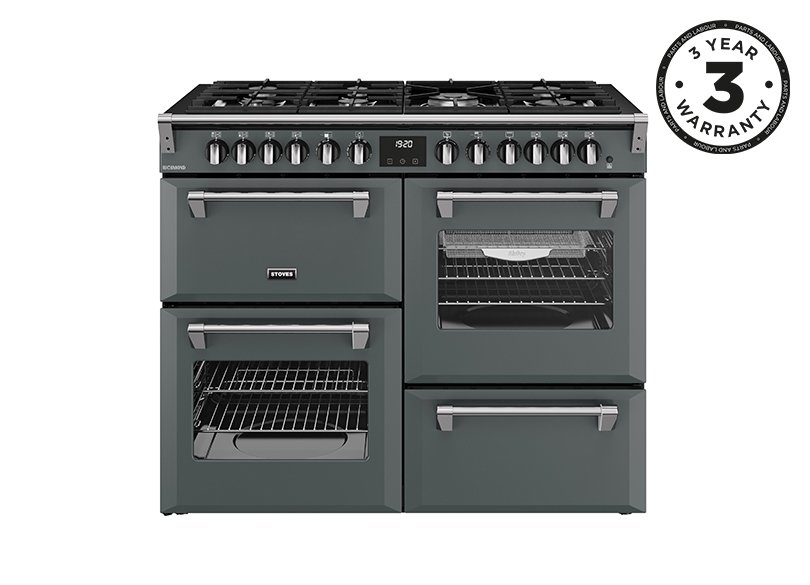 110cm Dual fuel range cooker with a 7 burner gas hob, conventional oven & grill, multifunction main oven with TrueTemp, AirFry & SteamCleanse, fanned second oven and dedicated slow cook oven