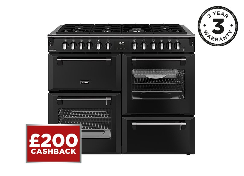 110cm Dual fuel range cooker with a 7 burner gas hob, conventional oven & grill, multifunction main oven with TrueTemp, AirFry & SteamCleanse, fanned second oven and dedicated slow cook oven