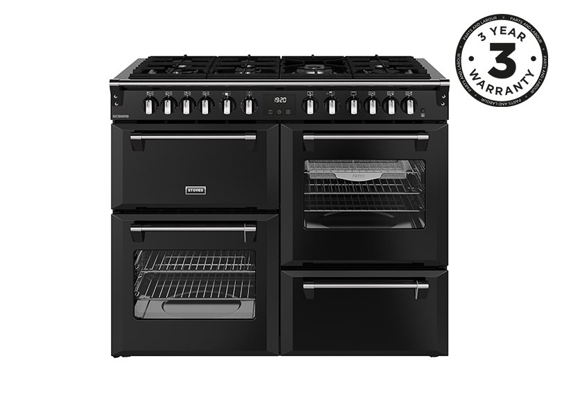 110cm Dual fuel range cooker with a 7 burner gas hob, conventional oven & grill, multifunction main oven with TrueTemp, AirFry & SteamCleanse, fanned second oven and dedicated slow cook oven