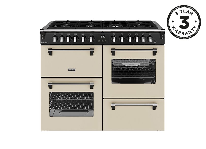 110cm Dual fuel range cooker with a 7 burner gas hob, conventional oven & grill, multifunction main oven with TrueTemp, AirFry & SteamCleanse, fanned second oven and dedicated slow cook oven