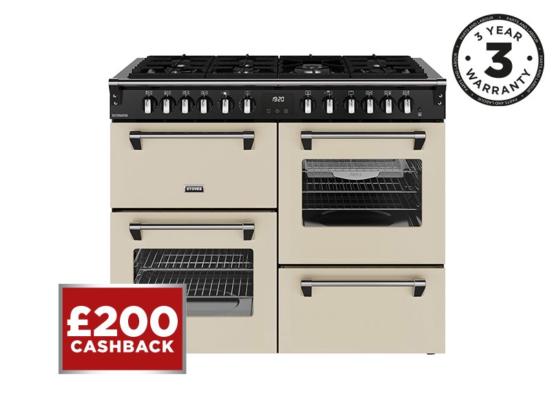 110cm Dual fuel range cooker with a 7 burner gas hob, conventional oven & grill, multifunction main oven with TrueTemp, AirFry & SteamCleanse, fanned second oven and dedicated slow cook oven
