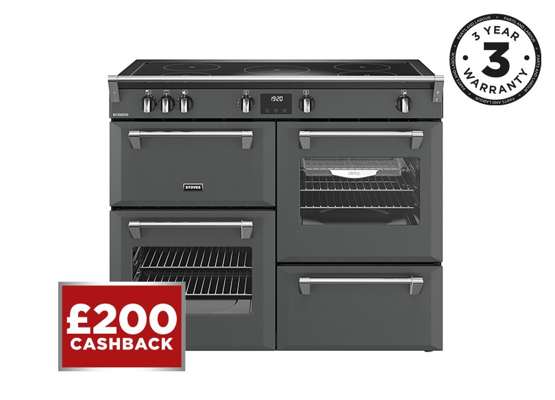 110cm Electric range cooker with a 5 zone touch control induction hob, conventional oven & grill, multifunction main oven with TrueTemp, AirFry & SteamCleanse, fanned second oven and dedicated slow cook oven