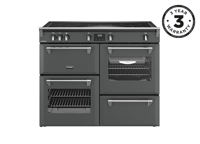 110cm Electric range cooker with a 5 zone touch control induction hob, conventional oven & grill, multifunction main oven with TrueTemp, AirFry & SteamCleanse, fanned second oven and dedicated slow cook oven