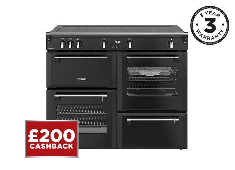 110cm Electric range cooker with a 5 zone touch control induction hob, conventional oven & grill, multifunction main oven with TrueTemp, AirFry & SteamCleanse, fanned second oven and dedicated slow cook oven