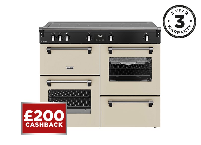 110cm Electric range cooker with a 5 zone touch control induction hob, conventional oven & grill, multifunction main oven with TrueTemp, AirFry & SteamCleanse, fanned second oven and dedicated slow cook oven