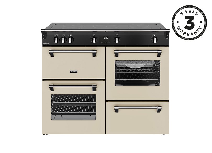 110cm Electric range cooker with a 5 zone touch control induction hob, conventional oven & grill, multifunction main oven with TrueTemp, AirFry & SteamCleanse, fanned second oven and dedicated slow cook oven