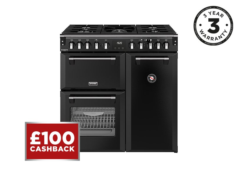 90cm Dual fuel range cooker with a 5 burner gas hob, conventional oven & grill, multifunction main oven with TrueTemp, AirFry & SteamCleanse, and a large capacity tall fanned oven with PROFLEX™