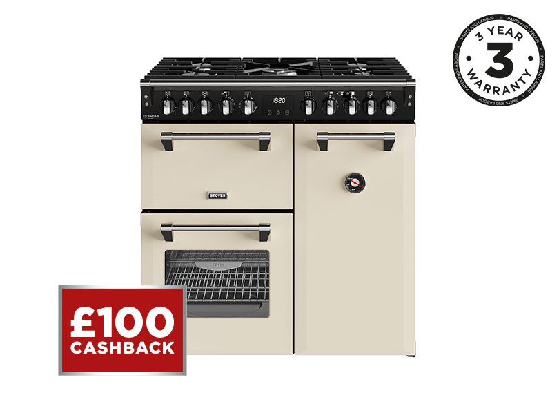 90cm Dual fuel range cooker with a 5 burner gas hob, conventional oven & grill, multifunction main oven with TrueTemp, AirFry & SteamCleanse, and a large capacity tall fanned oven with PROFLEX™